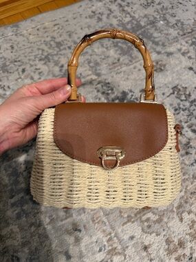 Woven Straw Top-Handle Bag with Brown Leather Flap